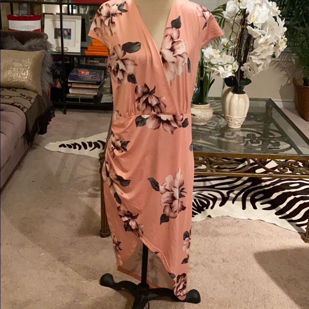 Peach front split floral dress 221